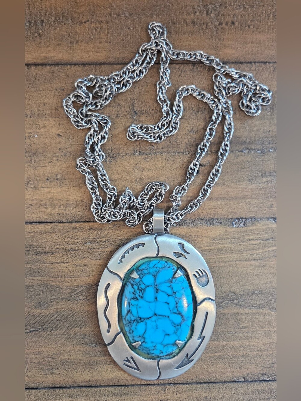 Silver-Tone Vintage Necklace with Faux Turquoise Oval Stone And Native Symbols